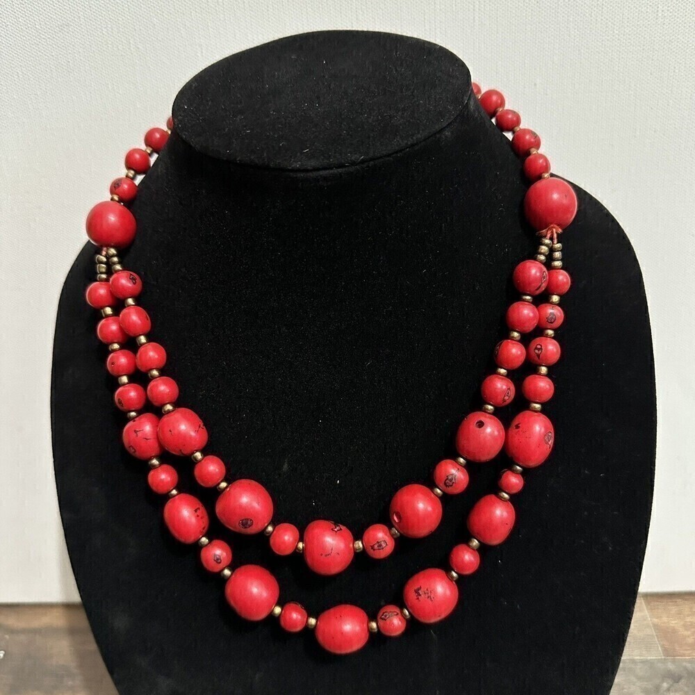 VINTAGE Chunky Graduated Red Dyed Bamboo Coral Statement Necklace Double Strand